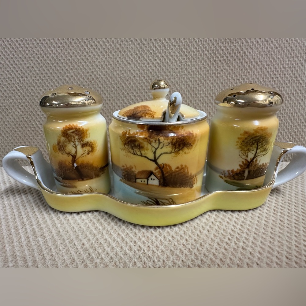 Vintage Noritake Japan 5 piece Set Salt, Pepper & Mustard Jar.